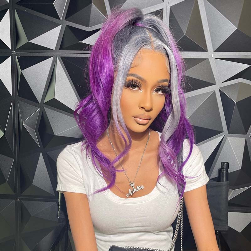 eullair Ombre Grey Purple Straight Human Hair Wig Pre Plucked Transparent 13x4 Lace Frontal Wig