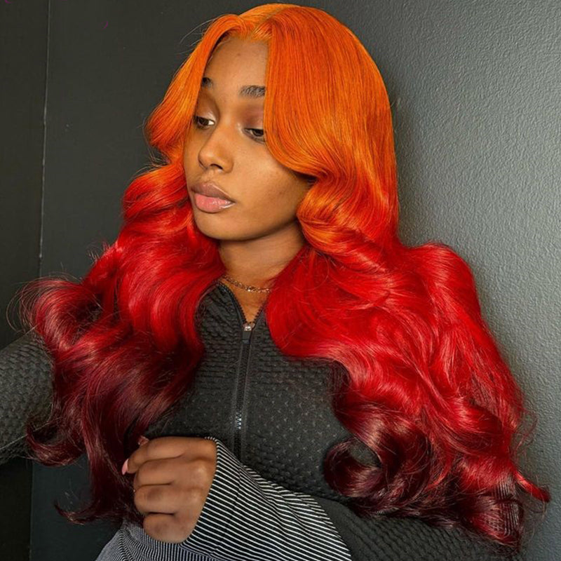 eullair Ombre Orange Red Brown Body Wave Wig Transparent Lace Frontal Human Hair Wig For Women