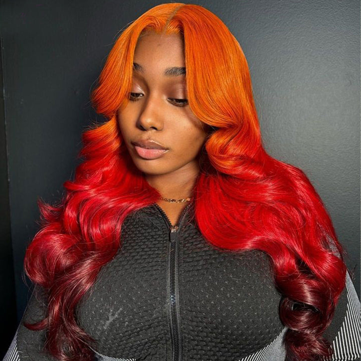 eullair Ombre Orange Red Brown Body Wave Wig Transparent Lace Frontal Human Hair Wig For Women