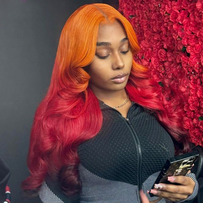 eullair Ombre Orange Red Brown Body Wave Wig Transparent Lace Frontal Human Hair Wig For Women