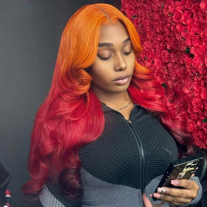 eullair Ombre Orange Red Brown Body Wave Wig Transparent Lace Frontal Human Hair Wig For Women