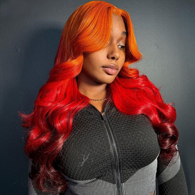 eullair Ombre Orange Red Brown Body Wave Wig Transparent Lace Frontal Human Hair Wig For Women