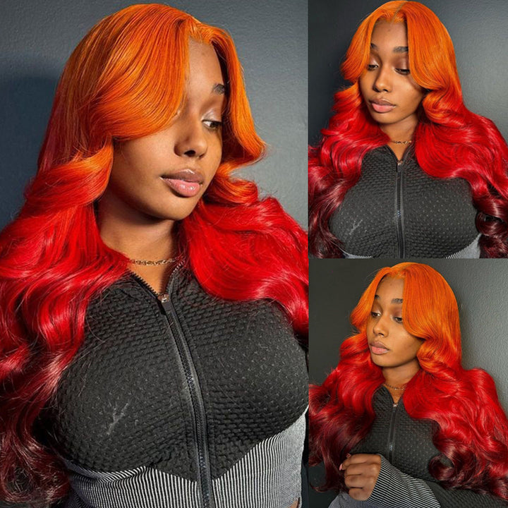 eullair Ombre Orange Red Brown Body Wave Wig Transparent Lace Frontal Human Hair Wig For Women