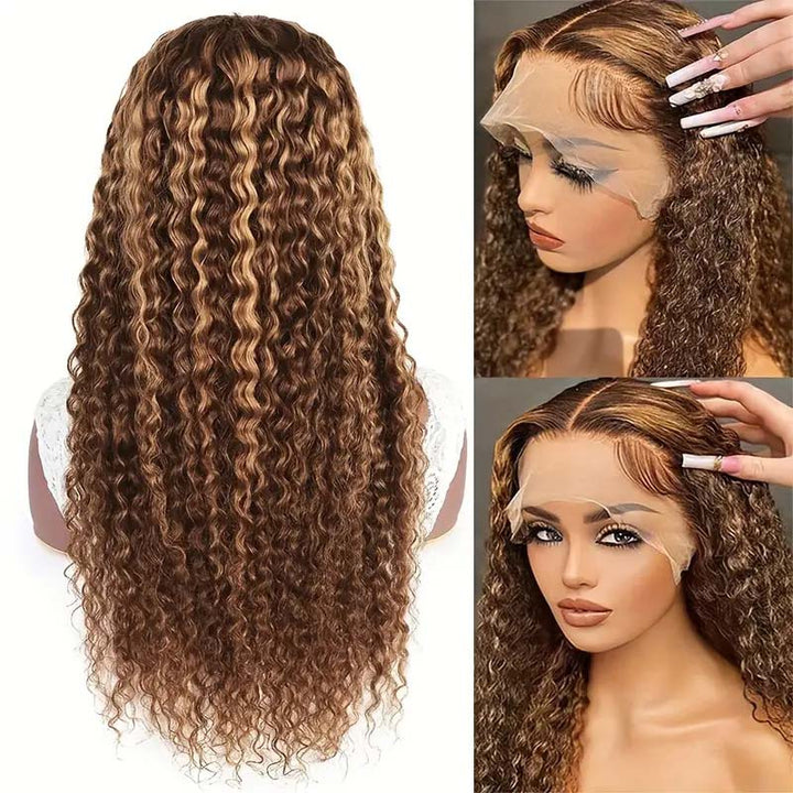 Flash Sale eullair Pre Colored Human Hair Curly Wig Burgundy/ Brown/ Highlight 13x4 Lace Frontal Wig