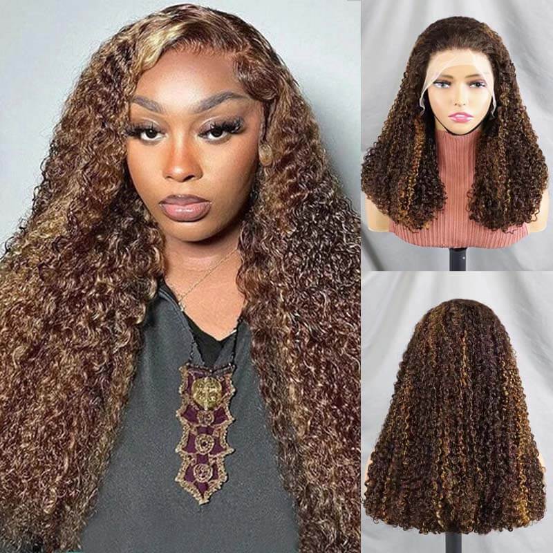 Flash Sale| eullair Must Have #1b/#4/30 Highlight Piano Color Fluffy Pixie Curly Double Drawn 13x4 Lace Frontal Wig 250% Density