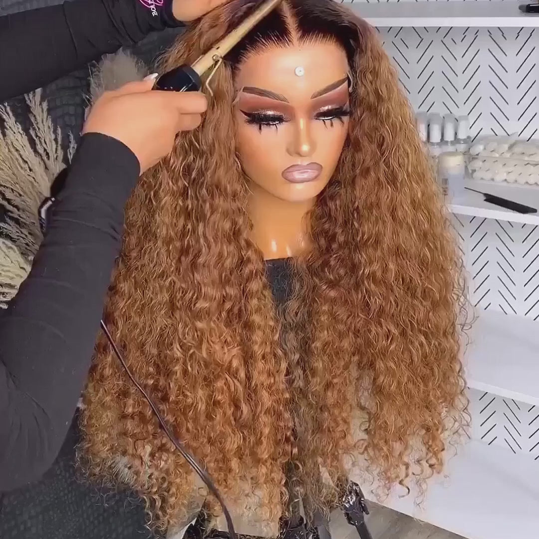 eullair Glueless Ombre Brown Water Wave Human Hair Wig Caramel Brown Highlight Wand Curly Lace Frontal Wig