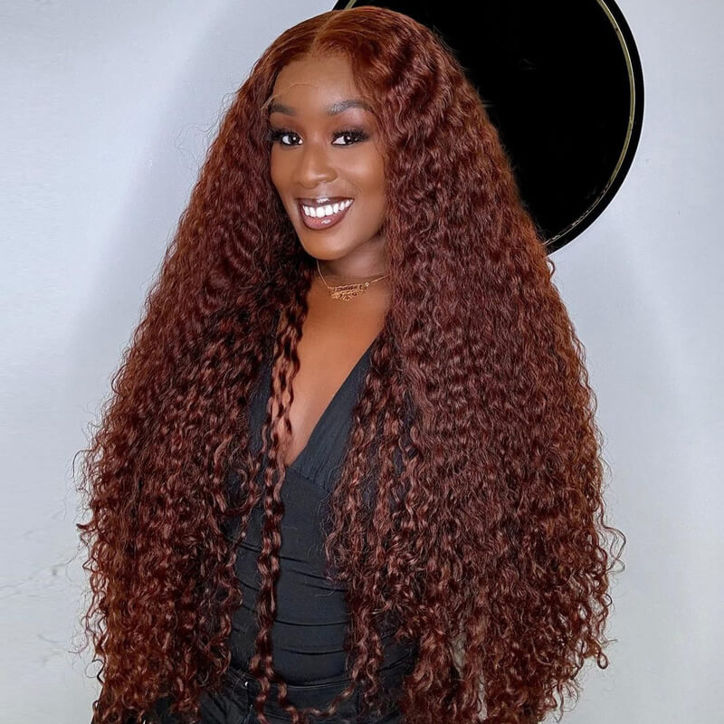 eullair Dark Brown Curly Lace Frontal Wig Affordable Reddish Brown Glueless Human Hair Wig