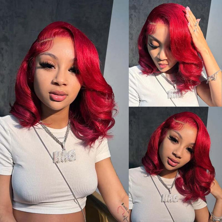 eullair $99 Short Styled Layered Cut Red Wavy BOB Wigs 13x4 Lace Frontal Human Hair Wig For Women