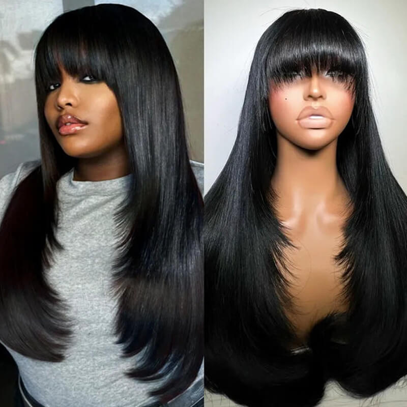 eullair Butterfly Haircut Straight Human Hair Wigs Layered Cut Bangs 4x4 5x5 13x4 Lace Wigs For Black Women