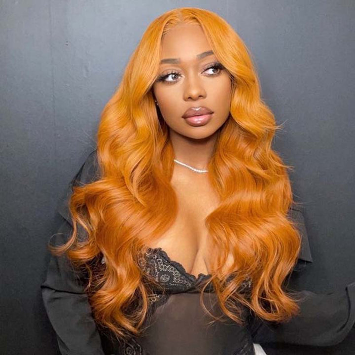 eullair Tangerine Orange Layered Cut Body Wave Wavy Wig with Curtain Bangs Pre Colored Human Hair Glueless Lace Frontal Wig