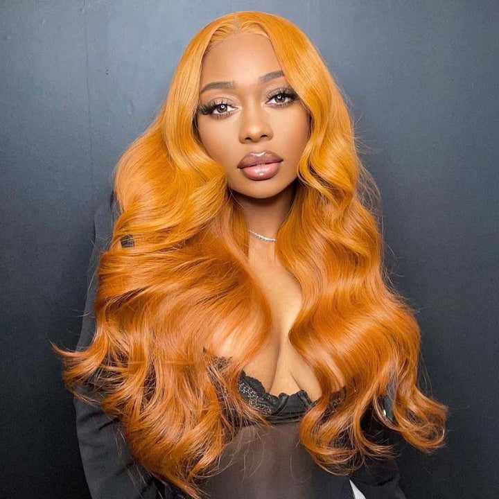 eullair Tangerine Orange Layered Cut Body Wave Wavy Wig with Curtain Bangs Pre Colored Human Hair Glueless Lace Frontal Wig