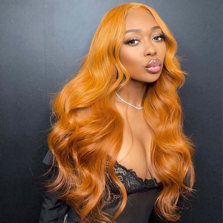 eullair Tangerine Orange Layered Cut Body Wave Wavy Wig with Curtain Bangs Pre Colored Human Hair Glueless Lace Frontal Wig