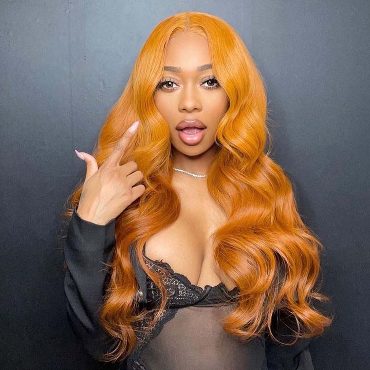 eullair Tangerine Orange Layered Cut Body Wave Wavy Wig with Curtain Bangs Pre Colored Human Hair Glueless Lace Frontal Wig