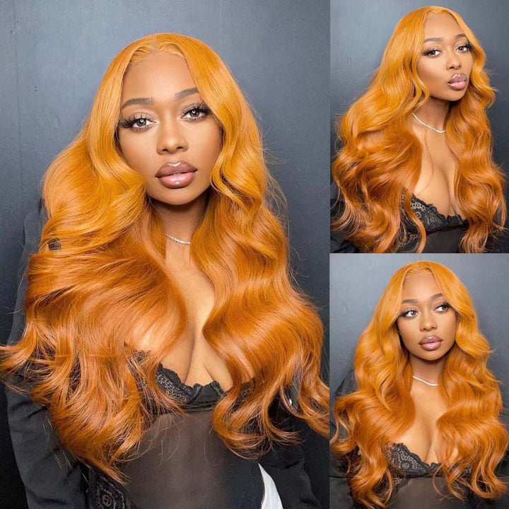 eullair Tangerine Orange Layered Cut Body Wave Wavy Wig with Curtain Bangs Pre Colored Human Hair Glueless Lace Frontal Wig