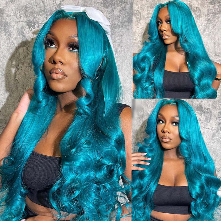 eullair Turquoise Green Layered Cut Body Wave Wavy Wig with Curtain Bangs Pre Colored Glueless Human Hair Lace Frontal Wig