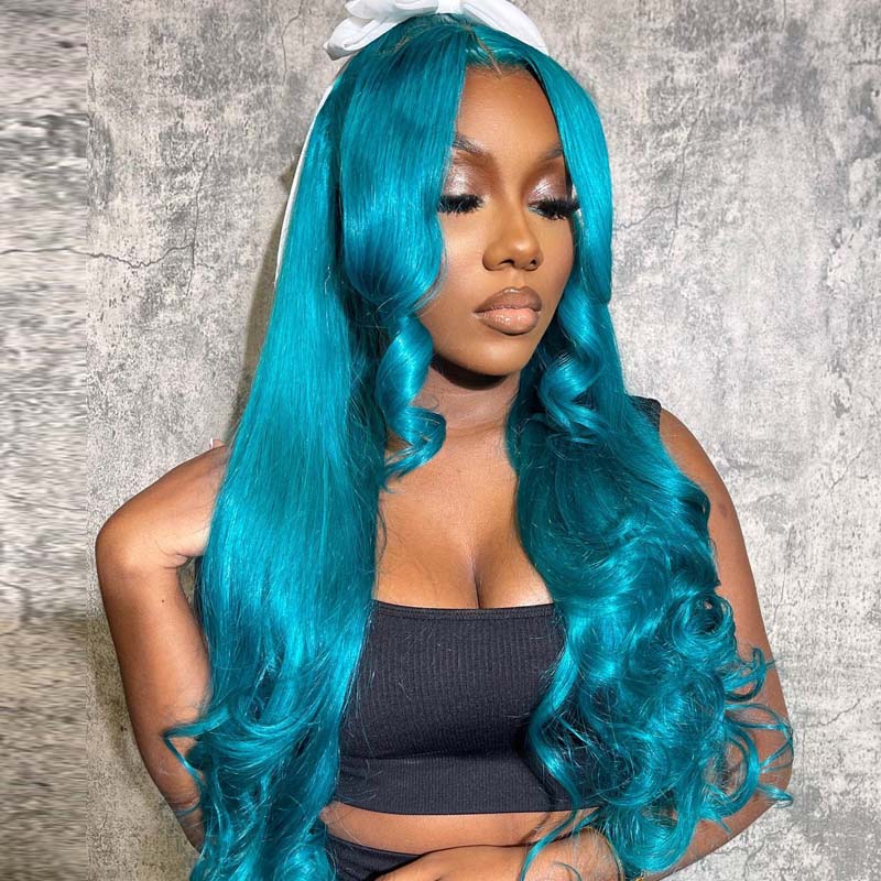 eullair Turquoise Green Layered Cut Body Wave Wavy Wig with Curtain Bangs Pre Colored Glueless Human Hair Lace Frontal Wig