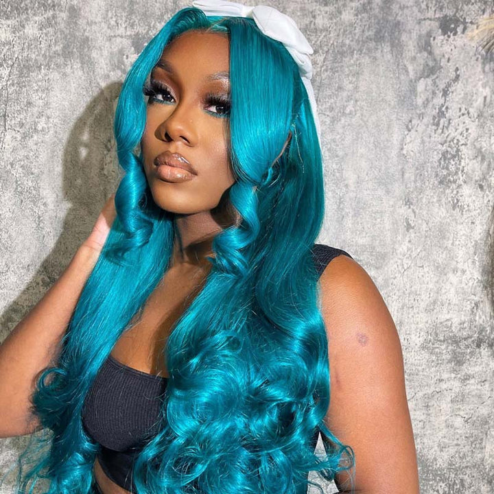 eullair Turquoise Green Layered Cut Body Wave Wavy Wig with Curtain Bangs Pre Colored Glueless Human Hair Lace Frontal Wig