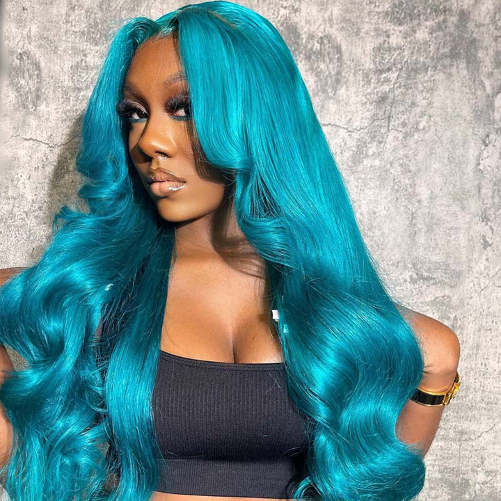 eullair Turquoise Green Layered Cut Body Wave Wavy Wig with Curtain Bangs Pre Colored Glueless Human Hair Lace Frontal Wig