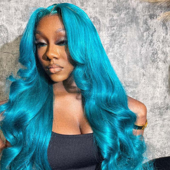 eullair Turquoise Green Layered Cut Body Wave Wavy Wig with Curtain Bangs Pre Colored Glueless Human Hair Lace Frontal Wig