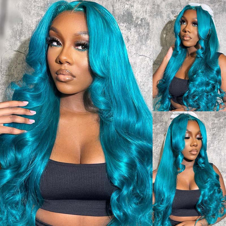 eullair Turquoise Green Layered Cut Body Wave Wavy Wig with Curtain Bangs Pre Colored Glueless Human Hair Lace Frontal Wig