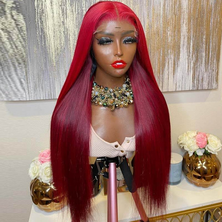 eullair Two Tones Ombre Red Burgundy Straight Human Hair Wig Pre Colored Lace Frontal Glueless Wig For Black Women