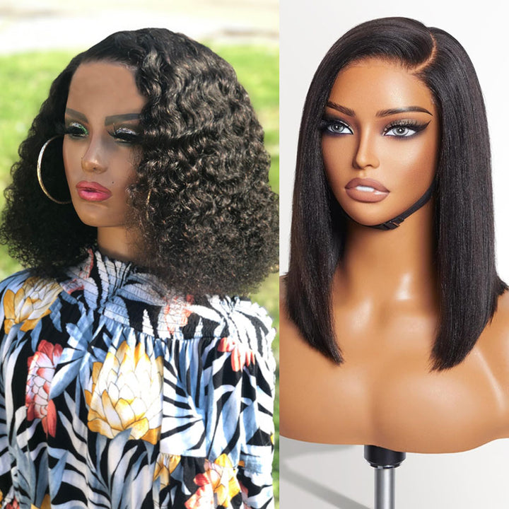 eullair Glueless Wear Go PreCut Lace Bob Wig Flash Sale Bye Bye Knots Yaki Straight/Curly Human Hair Short Wig for Black Women Bleached Knots