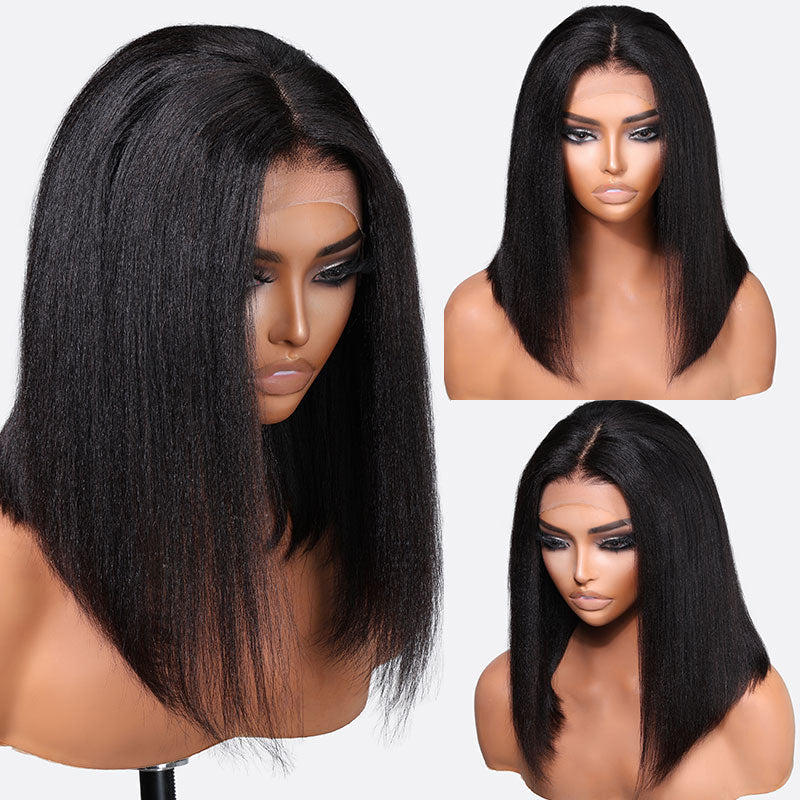 eullair Glueless Wear Go PreCut Lace Bob Wig Flash Sale Bye Bye Knots Yaki Straight/Curly Human Hair Short Wig for Black Women Bleached Knots