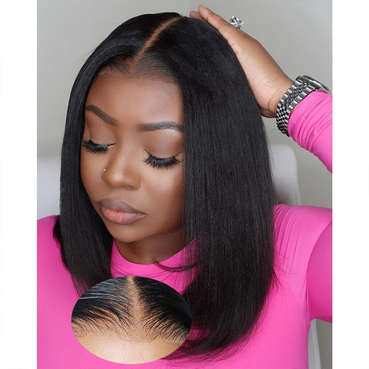 eullair Glueless Wear Go PreCut Lace Bob Wig Flash Sale Bye Bye Knots Yaki Straight/Curly Human Hair Short Wig for Black Women Bleached Knots