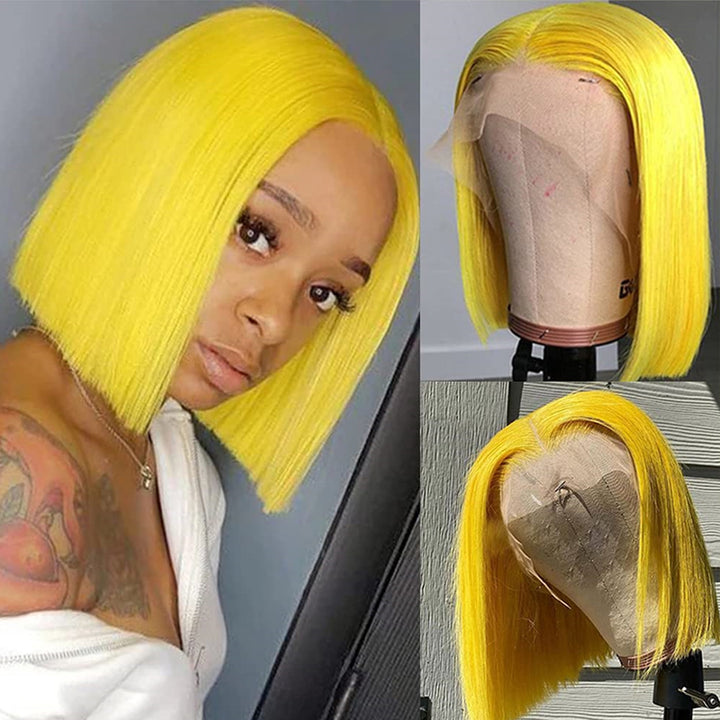 eullair Summer Favorite Colorful Human Hair Blonde Straight Short Bob 13x4 Lace Full Frontal Wigs For Girls | No Code Needed